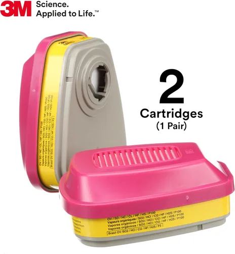Miniatura 10 de 3M Cartucho/filtro respirador P100 60923, 1 par, aprobado por NIOSH, ayuda a proteger contra vapores orgánicos, gases ácidos y partículas, magenta