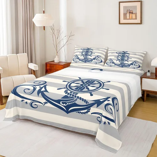 Miniatura 22 de Erosebridal Juego de sábanas de ancla náutica, sábanas de brújula oceánica, tamaño individual para niños, adolescentes, adultos, decoración