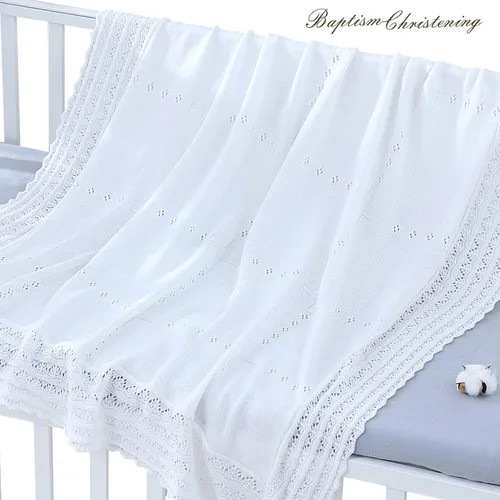 Miniatura 2 de Booulfi Manta de bebé, manta blanca para recepción, bautizo, toalla para recién nacidos, niños y niñas, manta térmica de algodón blanco