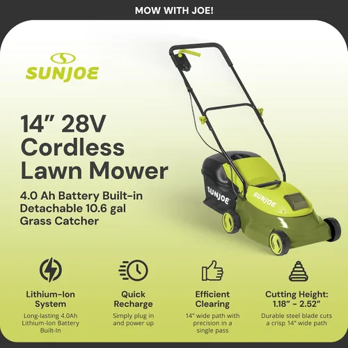 Miniatura 6 de Sun Joe Cortacésped inalámbrico con empuje eléctrico con bolsa de 10.6 galones, ancho de corte de 14 pulgadas, verde - Cortadora de césped