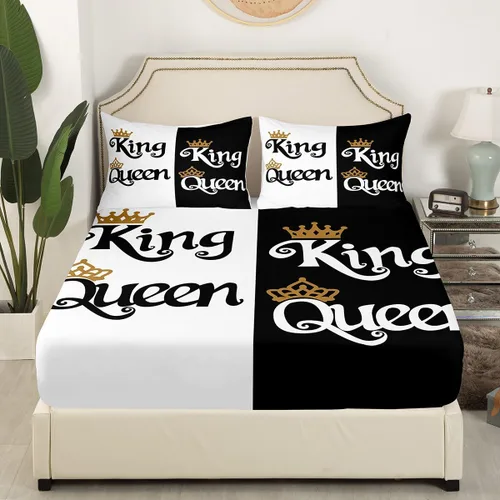 Miniatura 3 de Juego de sábanas de 4 piezas con diseño de corona de dibujos animados, tamaño Queen, King, para parejas, amantes de parejas, adolescentes, mujeres