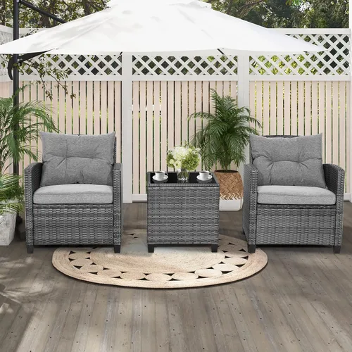 Miniatura 2 de HAPPYGRILL Juego de conversación para patio de 3 piezas, juego de muebles de exterior de sofá de ratán PE con cojines removibles, sillas de mimbre