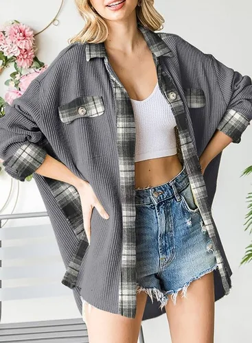 Miniatura 3 de SHEWIN Chaqueta de punto gofre para mujer, diseño a cuadros, con botones, holgada, de manga larga
