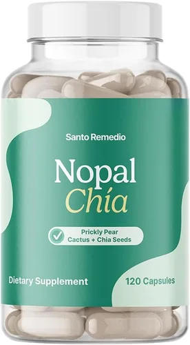 Santo Remedio Super Nopal Cactus Cápsulas con Chía – Suplemento de tuna sin gluten, sin OMG, sin azúcar añadido, 120 cápsulas (60 porciones) – Apoyo