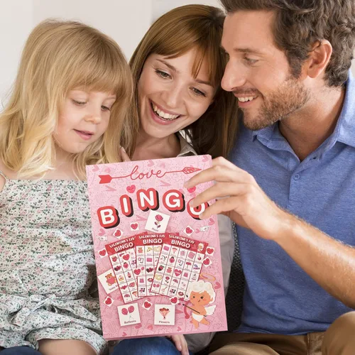 Miniatura 7 de V-Opitos Tarjeta de juego de bingo de gran tamaño para el día de San Valentín para niños y adultos, 24 jugadores, juego de San Valentín