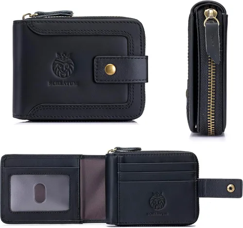 Miniatura 33 de LUKZIJAES Billetera de cuero genuino para hombre, con bloqueo RFID, delgada, plegable, bolsillo frontal, #3-Café, Vintage