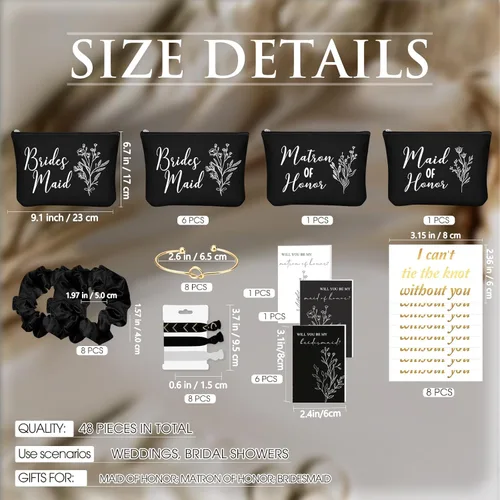 Miniatura 2 de 48 piezas de 8 juegos de regalos de propuesta de dama de honor, regalos a granel de boda Will You Be My Maid of Honor Matron of Honor, bolsas de Gris