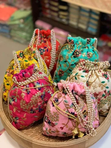 Miniatura 3 de Bolsa de seda bordada para mujer, diseño Potli, bolso de mano para mujer