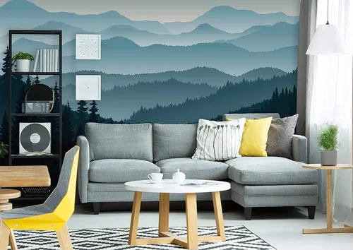 Miniatura 5 de Papel tapiz removible para despegar y pegar, mural de pared autoadhesivo, mural de montaña 3D, papel tapiz para guardería, pinos de montaña azul