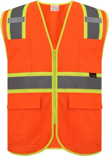Miniatura 2 de zojo Chalecos de seguridad de alta visibilidad con cremallera y bolsillos, 5 paquetes, chaleco reflectante al por mayor para trabajos al aire libre
