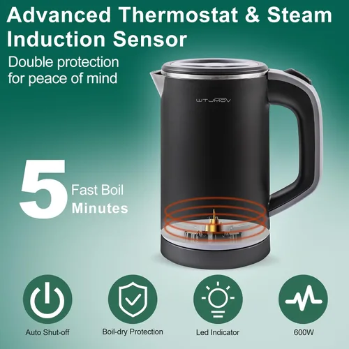 Miniatura 8 de Hervidor Eléctrico Pequeño, 0.8L Hervidor de Viaje Portátil de Doble Pared con Acero Inoxidable 304, Mini Hervidor de Agua Caliente de 600W