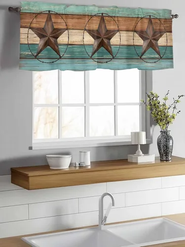 Miniatura 4 de Cortina de cenefas occidentales para cocina, cafetería, campo de granja, estrella de hierro sobre tablero de madera, cenefa de ventana, 1 panel