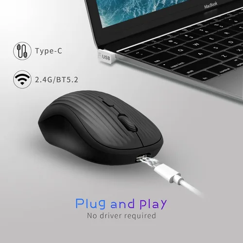 Miniatura 6 de ONE-UP Ratón inalámbrico, 2.4G + BT, batería recargable, 4 teclas, DPI: 800/1200/1600, silencioso, tipo C, receptor nano USB, ergonómico, portátil