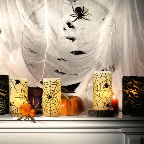 Miniatura 3 de Eldnacele - Velas parpadeantes de Halloween sin llama con temporizador, velas de cera real con calcomanías de telaraña, juego de 3 velas LED