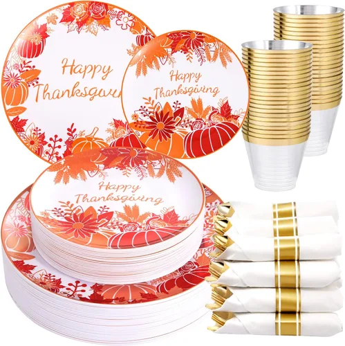 DaYammi 210 piezas de platos de plástico para Acción de Gracias, juego de vajilla desechable naranja y rojo que incluye 60 platos, 30 cubiertos de