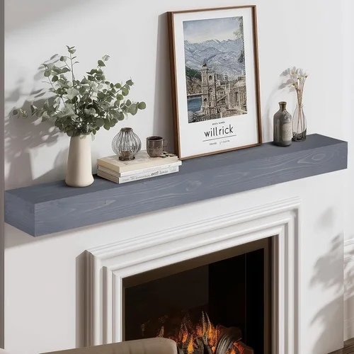 Miniatura 10 de Repisa de chimenea de 48 pulgadas, madera maciza rústica hecha a mano de 3 pulgadas de grosor, estante flotante largo de pared con soporte de metal