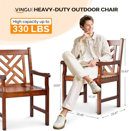 Miniatura 3 de VINGLI Sillas de comedor al aire libre, sillas de patio de madera resistente de 330 libras con respaldo cómodo, sillas de comedor de madera maciza