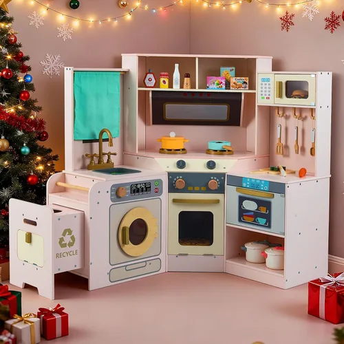 Miniatura 2 de INFANS Cocina esquinera para niños, juego de madera con carrito telescópico, luces realistas, sonidos, máquina de hielo, cajones de tela, horno