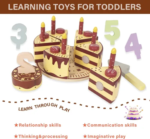 Miniatura 2 de Comida de juego de simulación para niños pequeños de 2 a 5 años, pastel falso de cumpleaños de madera con velas y números, fiesta de té, juguetes