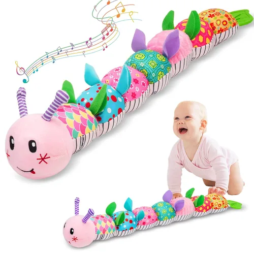 Juguetes para bebés de 0 a 12 meses, juguete de peluche musical de oruga para bebé, juguete sensorial suave de animal con sonajero y dentición para