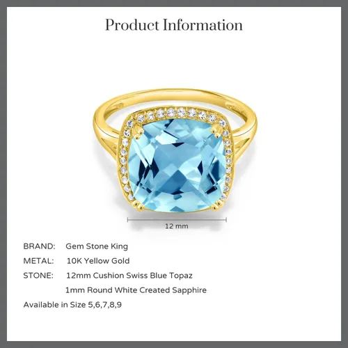 Miniatura 4 de Gem Stone King Anillo de oro amarillo de 10 quilates con topacio azul suizo y zafiro blanco creado para mujer