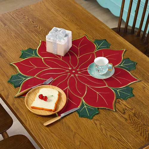 Miniatura 4 de Juego de manteles individuales de Navidad de 16 pulgadas, manteles individuales de flor de pascua con bordados y hojas verdes, manteles individuales