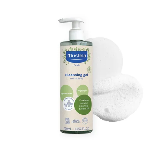 Mustela Gel limpiador orgánico certificado – Gel de lavado natural para cabello y cuerpo con aceite de oliva y aloe vera – para bebés, niños y