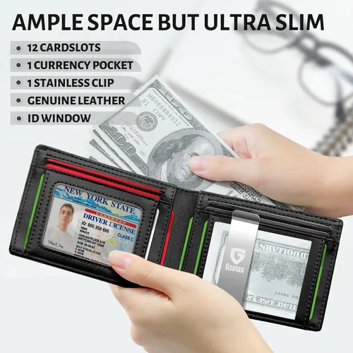 Miniatura 68 de GSOIAX Cartera delgada de cuero plegable RFID para hombre, billetera minimalista con bolsillo frontal con clip para dinero, 12 ranuras para Negro