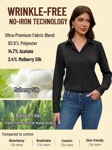 Miniatura 3 de Camisas sin planchado y sin arrugas para mujer, con botones, de manga larga, de seda de morera, blusas casuales para el trabajo