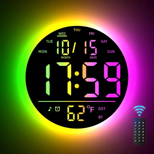 EASYERA Reloj de pared digital grande de 10 pulgadas con control remoto, sincronización de música, luz de atmósfera RGB, baja reflectancia,
