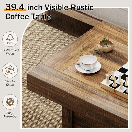 Miniatura 3 de Mesa de café Lareth 39 pulg. Mesa de centro rústica con pedestal de madera en X para sala de estar, ahorro de espacio, mesa de té de diseño