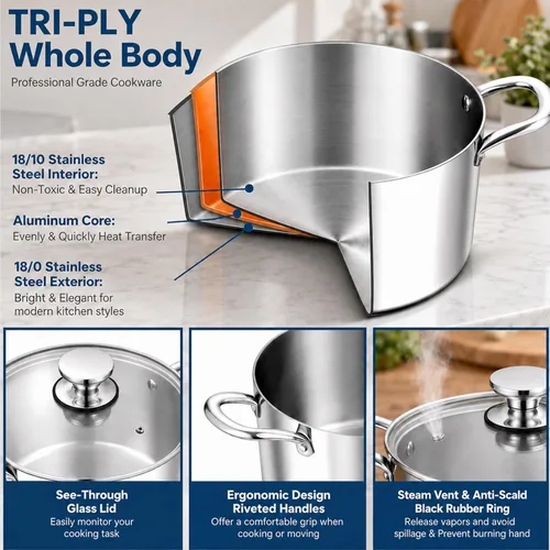Miniatura 3 de TeamFar Olla de 3.5 cuartos de galón, olla de cocina de pasta de acero inoxidable de tres capas con tapa, tapa de vidrio templado y asas remachadas