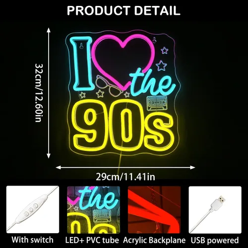 Miniatura 6 de Looklight Letrero de neón con texto en inglés "I Love the 90s", regulable, de regreso a los 90, para decoración de pared, letrero de luz de neón 90