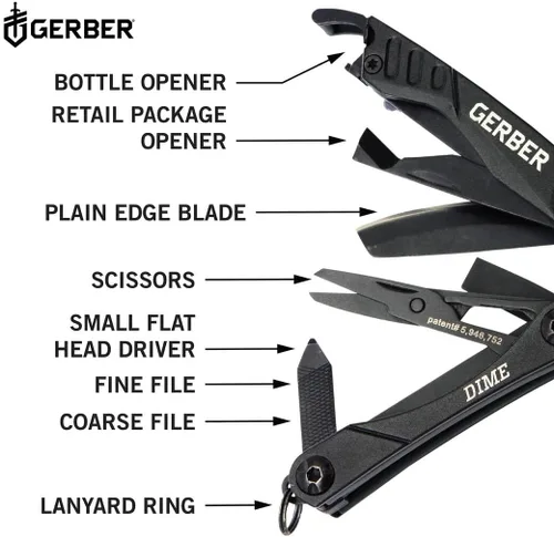 Miniatura 3 de Gerber Gear Dime 12-en-1 Mini EDC Multiherramienta - Pinzas de punta, cuchillo de bolsillo, llavero, abridor de botellas - Regalos para hombres