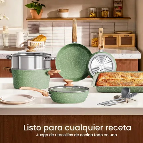 Miniatura 8 de Kitchen Academy Juego de utensilios de cocina de inducción de 17 piezas con plancha, ollas y sartenes de granito verde antiadherentes, juego