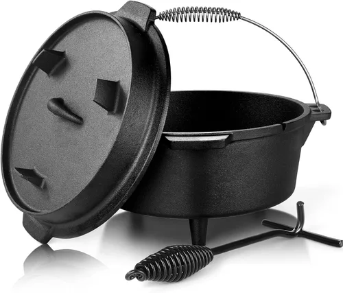 Leonyo Horno holandés de campamento de 5 cuartos con tapa, horno holandés de hierro fundido pre-sazonado con levantador de tapa para cocinar
