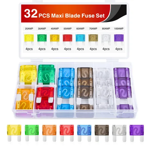 Nilight 32 piezas de fusibles de hoja Maxi APX Fusibles de repuesto 20A 30A 40A 50A 60A 70A 80A 100AMP Kit de surtido para coches, camiones, RVs,
