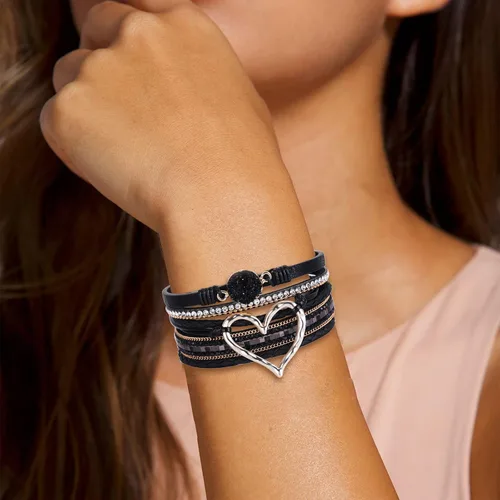 Miniatura 3 de Long tiantian Pulsera de cuero multicapa con corazón moderno bohemio con cierre magnético y diamantes de imitación para mujer, Cobre, otro