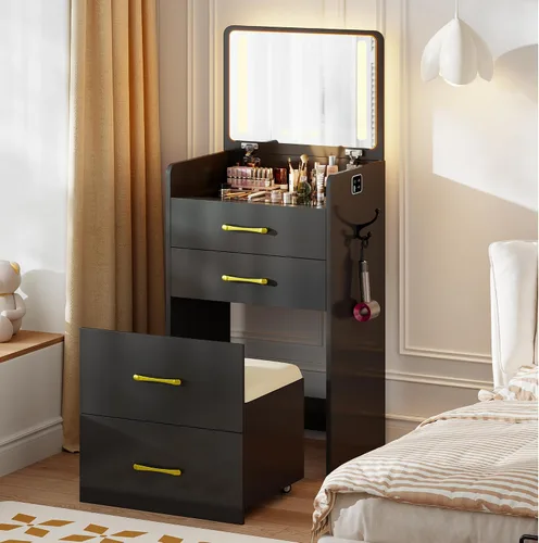 Miniatura 9 de Escritorio de tocador 3 en 1 con espejo abatible y luces, mesa de tocador de maquillaje con parte superior de vidrio con estación de carga, tocador