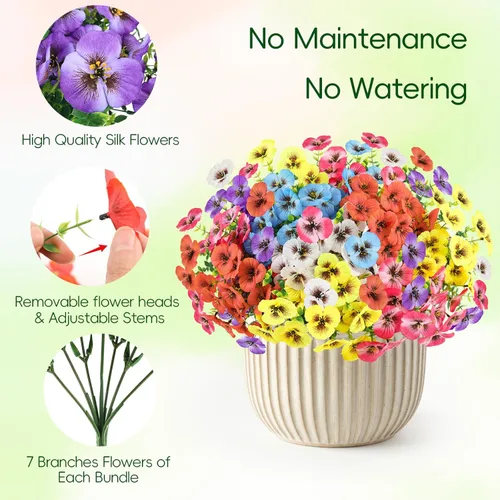 Miniatura 7 de MACTING 12 paquetes de flores artificiales para exteriores, resistentes a los rayos UV, pensamientos falsos, plantas al aire libre, flores