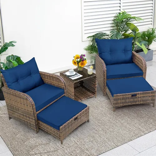 Miniatura 9 de Silla de Patio con Otomanas y Mesa, Juego de Muebles de Patio al Aire Libre de Ratán de Mimbre PE de 5 Piezas, Diseño que Ahorra Espacio Sillas
