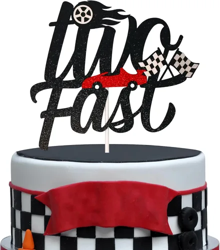 Decoración para tartas con temática de carreras de 2º cumpleaños, suministros para niños y niños, cartel de bandera a cuadros de Hot Wheels