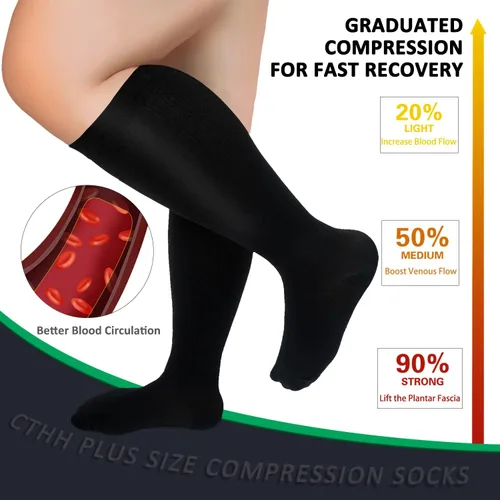 Miniatura 4 de Paquete de 3 calcetines de compresión de talla grande para mujeres y hombres, medias extra anchas de pantorrilla hasta la rodilla para soporte