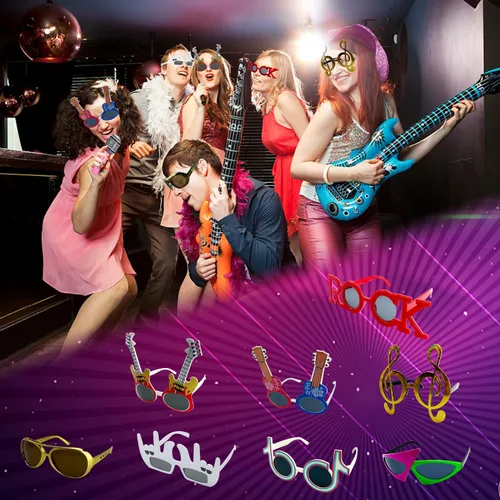 Miniatura 7 de Gran set de gafas de sol divertidas de estrella de rock, gafas de sol divertidas de fiesta de rock and roll, micrófono de guitarra inflable