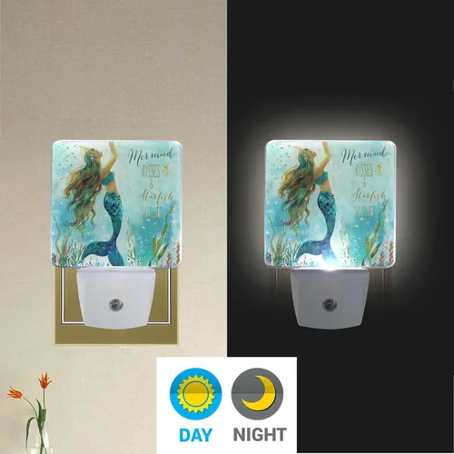 Miniatura 5 de Pfrewn Juego de 2 luces nocturnas con diseño de sirena, unicornio, galaxia, estrella de mar, enchufe para niños, adultos, niños, niñas, bebés, luces
