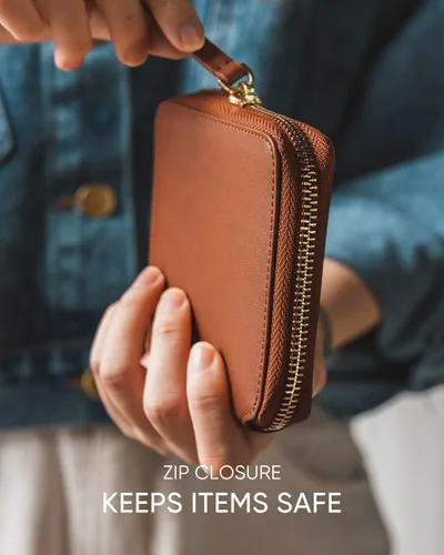 Miniatura 4 de Cartera de piel para mujer, con bloqueo RFID, plegable, delgada, para tarjetas de crédito, con bolsillo con cremallera, Marrón, Classic