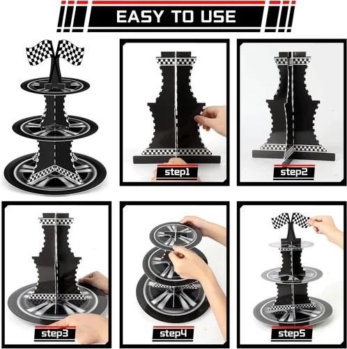 Miniatura 3 de Soporte para cupcakes de auto de carreras de 3 niveles con 24 adornos para tartas, decoraciones de fiesta de cumpleaños, temática de autos