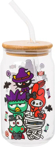 Miniatura 32 de Silver Buffalo Sanrio - Vaso de vidrio rosa con tapa de bambú y sorbete de vidrio de Hello Kitty, 16 onzas Hello Kitty Agitando