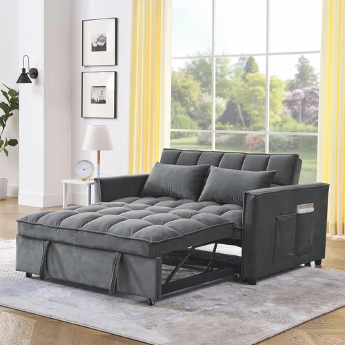 Miniatura 9 de Sofá cama convertible de terciopelo de 55 pulgadas, sofá futón 3 en 1 con cama extraíble, sofá biplaza moderno con respaldo ajustable, 2 almohadas