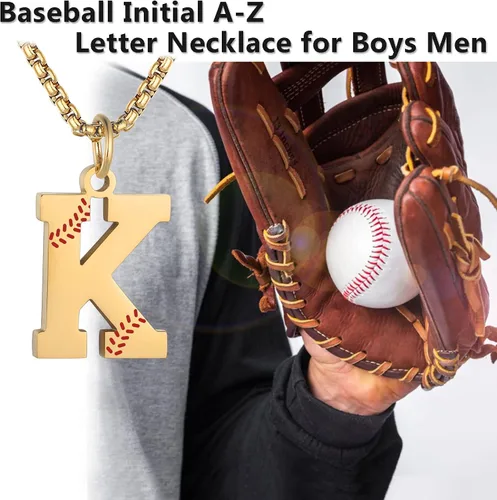Miniatura 6 de Susook Collar con inicial de béisbol para niños, dije de letra A-Z, cadena de acero inoxidable de 22 + 2 pulgadas, regalo de béisbol personalizado